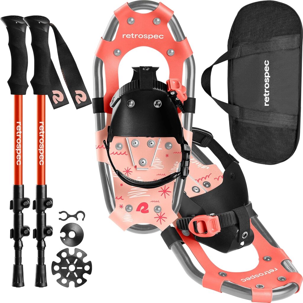 The full snowshoe set, featuring a pair of snowshoes, a travel case, and poles