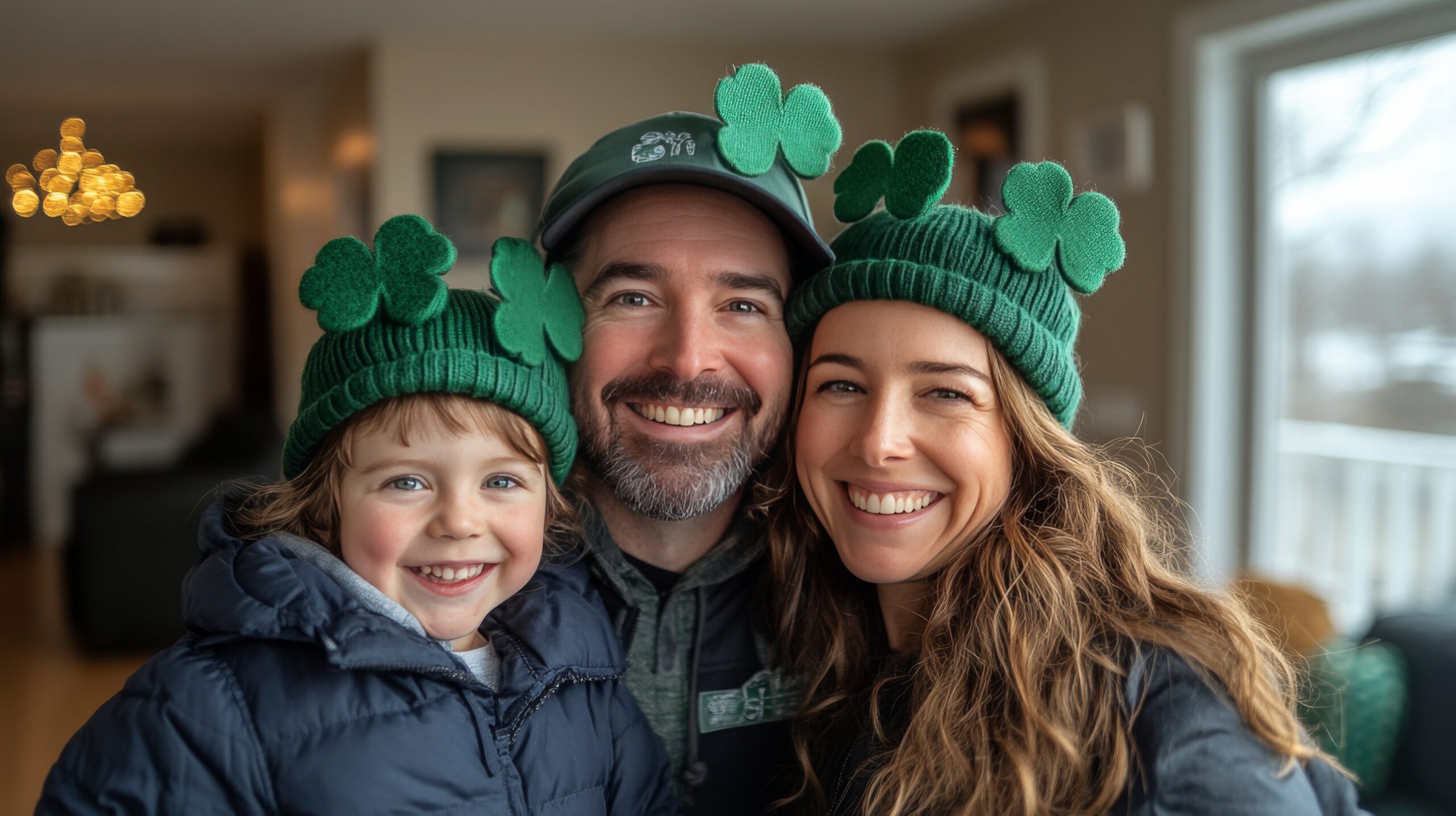 Family celebration wearing festive hats during St Patricks Day festivities in a cozy indoor setting