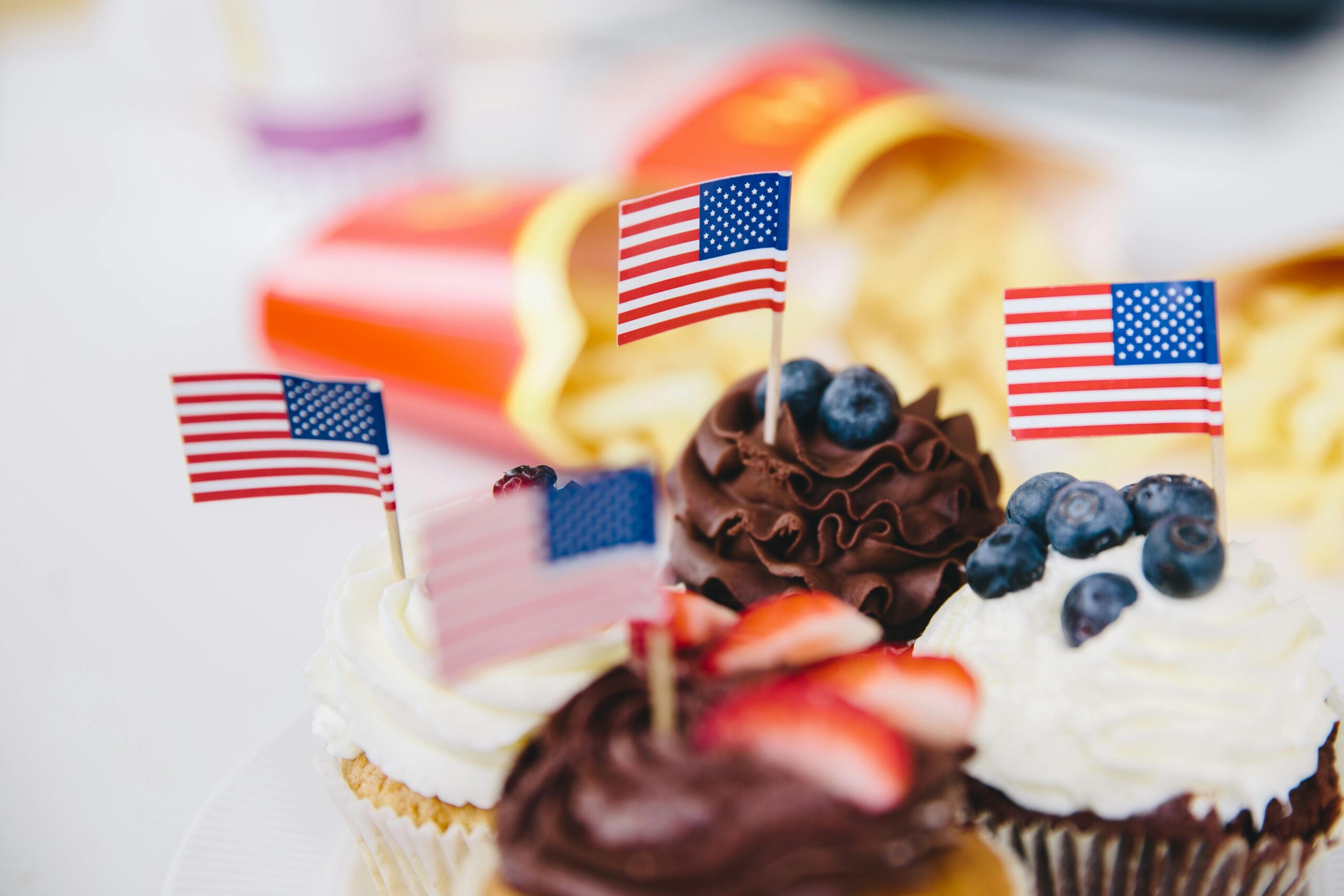 Memorial Day theme cupcakes with American Flag decoration.