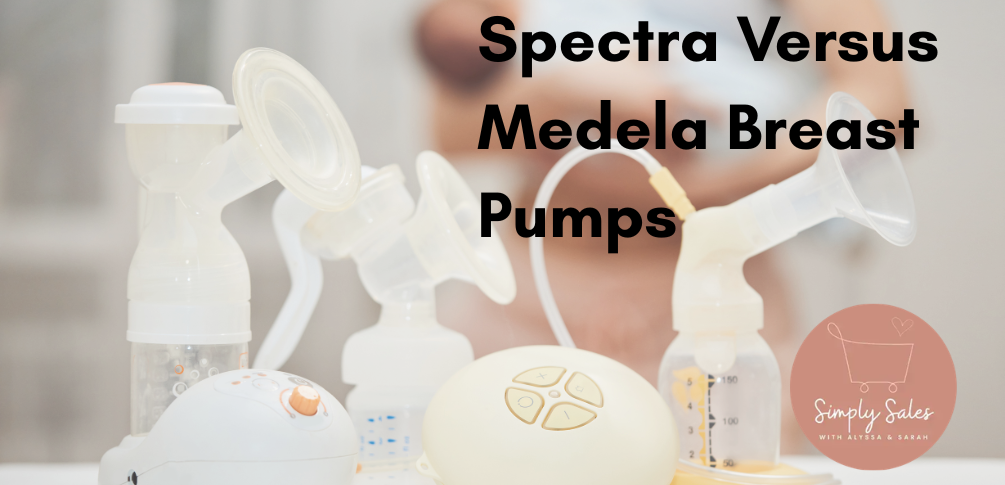 Breast pumps with a woman breastfeeding in the background. Simply Sales' logo is in the bottom right corner. The text 'Spectra Versus Medela Breast Pumps' is overlayed on the right side