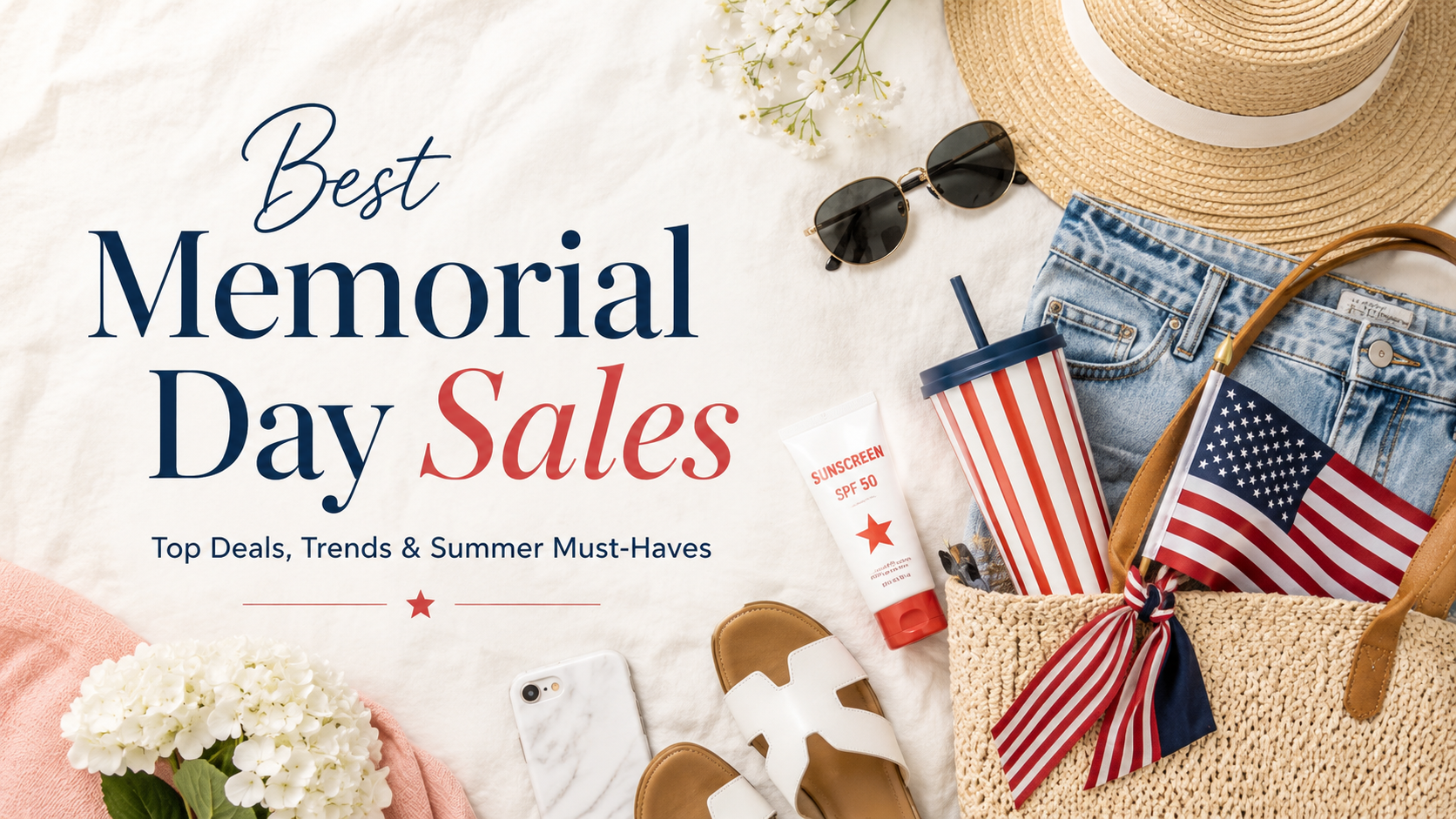Best Memorial Day sales blog hero image with patriotic summer shopping finds, including a straw hat, denim shorts, sunglasses, tote bag, sandals, sunscreen, striped tumbler, and American flag accents.