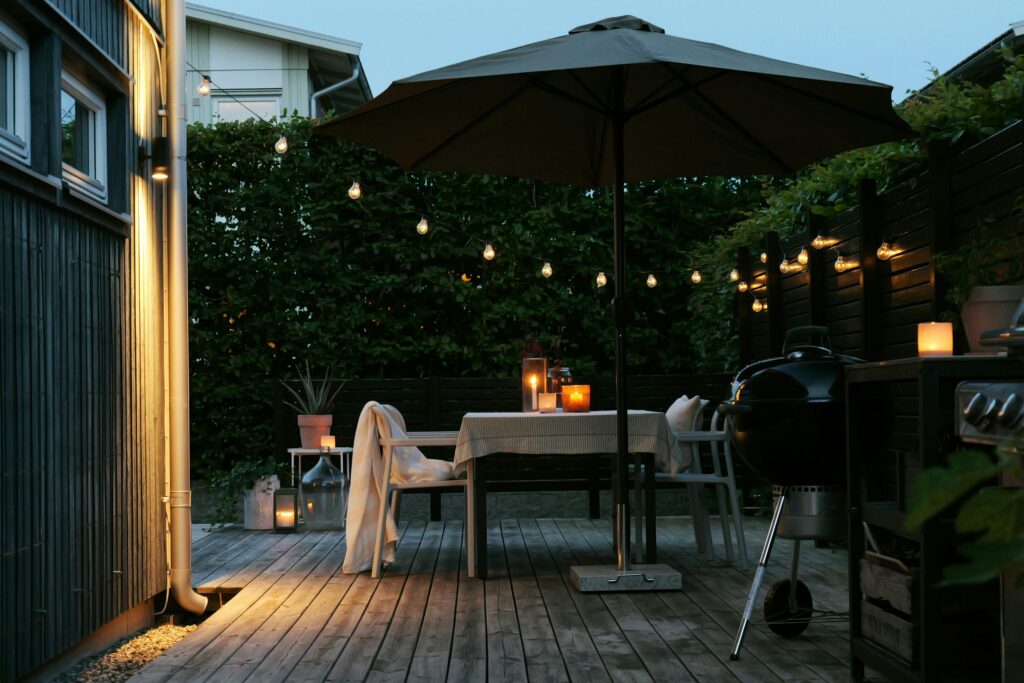 patio dining set with string lights