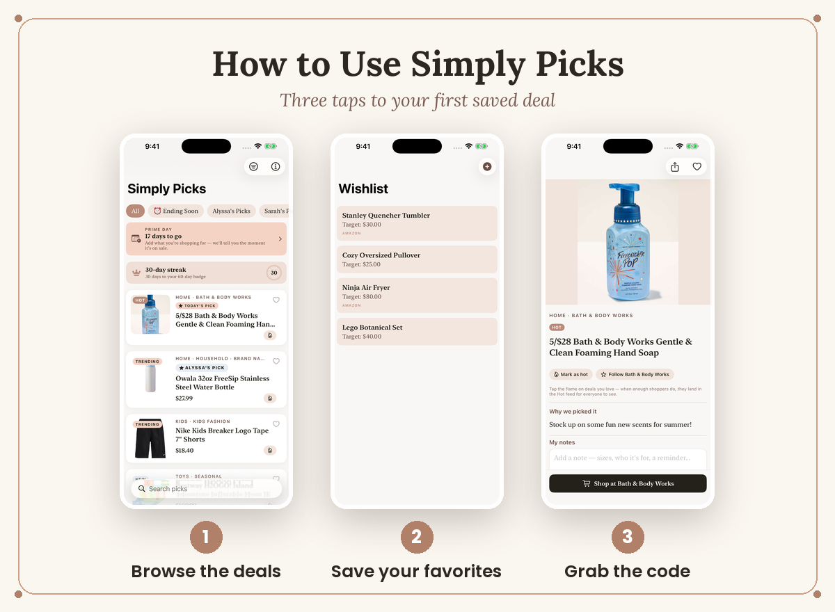 How to use the Simply Picks app: browse deals, save to wishlist, grab promo codes
