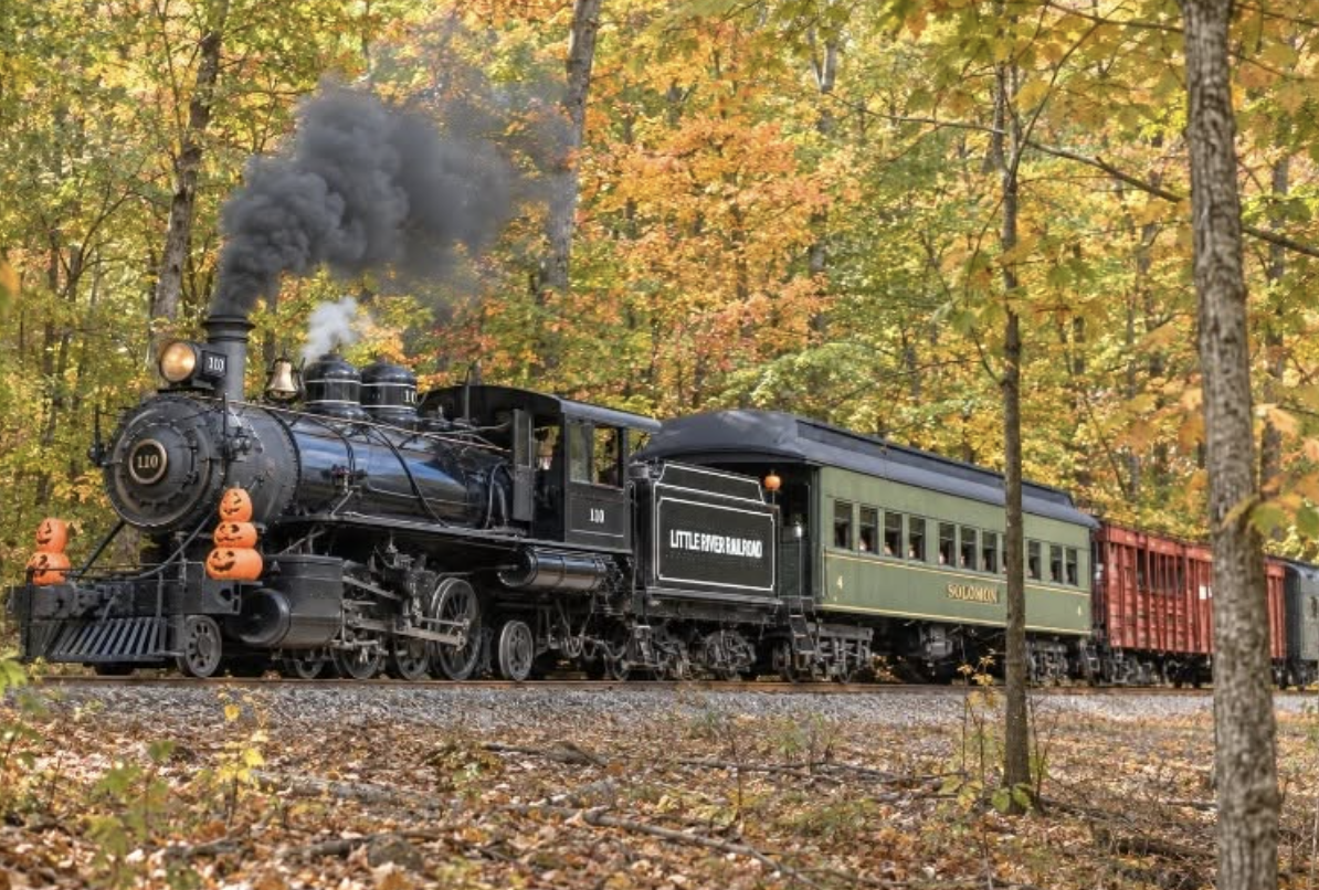 Little River Railroad steam locomotive with pumpkins for the Coldwater Pumpkin Train, one of five Michigan Halloween train rides