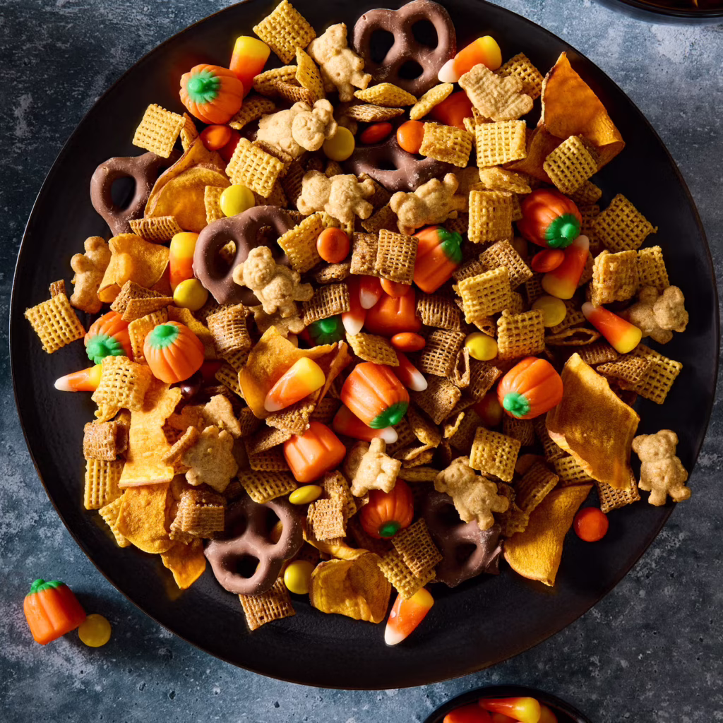 Halloween Chex Mix — Delish. An hour and fifteen, most of it hands-off. Makes a huge batch, which is the point — this is the bowl that sits out all night and quietly disappears.