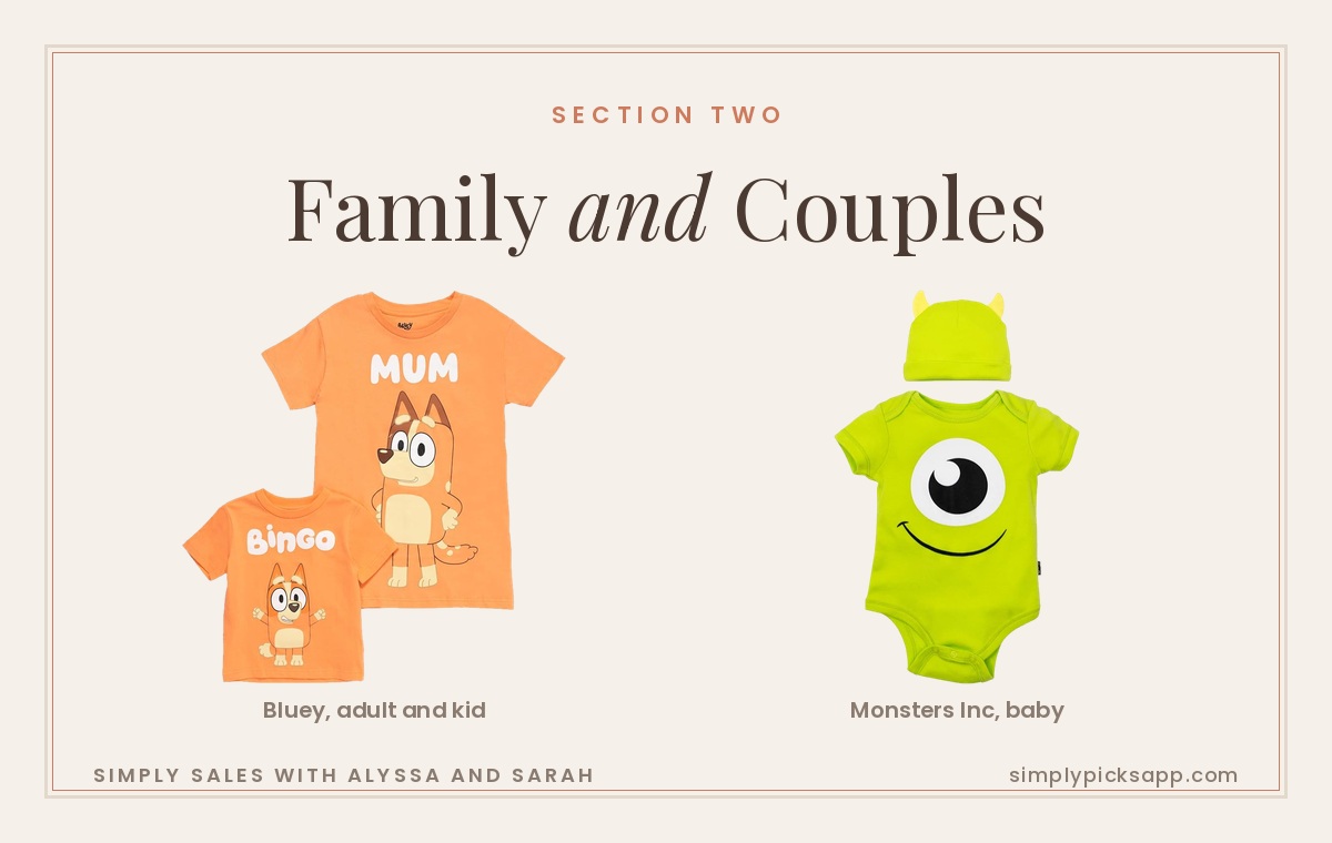 Family Halloween costumes 2026 — matching Bluey adult and kid tees and a Monsters Inc baby bodysuit