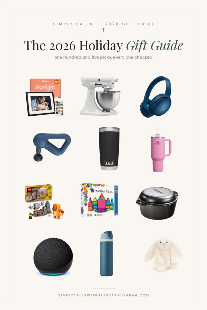 The 2026 Holiday Gift Guide from Simply Sales - a cream collage of twelve standout picks including a KitchenAid stand mixer, Bose headphones, a YETI tumbler, Magna-Tiles and the first official LEGO Pokemon set