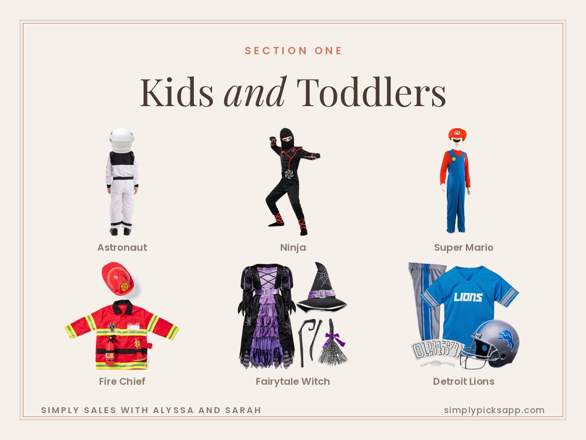 Kids Halloween costumes 2026 — astronaut, ninja, Super Mario, fire chief, fairytale witch and Detroit Lions uniform