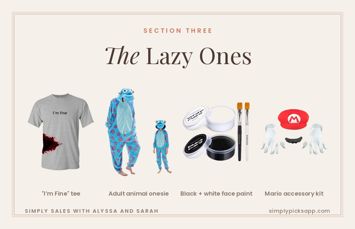 Lazy Halloween costumes 2026 — I’m Fine tee, adult animal onesie, black and white face paint and a Mario accessory kit