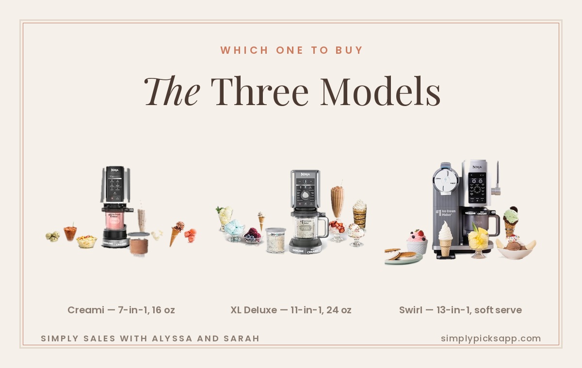 The three Ninja CREAMi models compared: original 7-in-1, XL Deluxe 11-in-1 and Scoop and Swirl 13-in-1