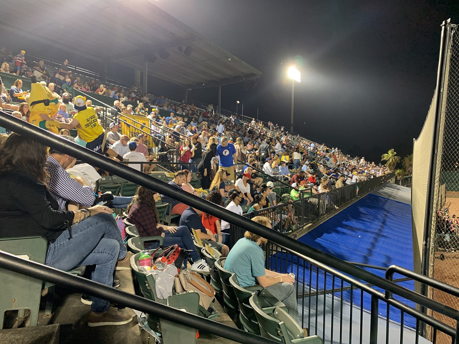 Fans in the stands at a night Banana Ball game