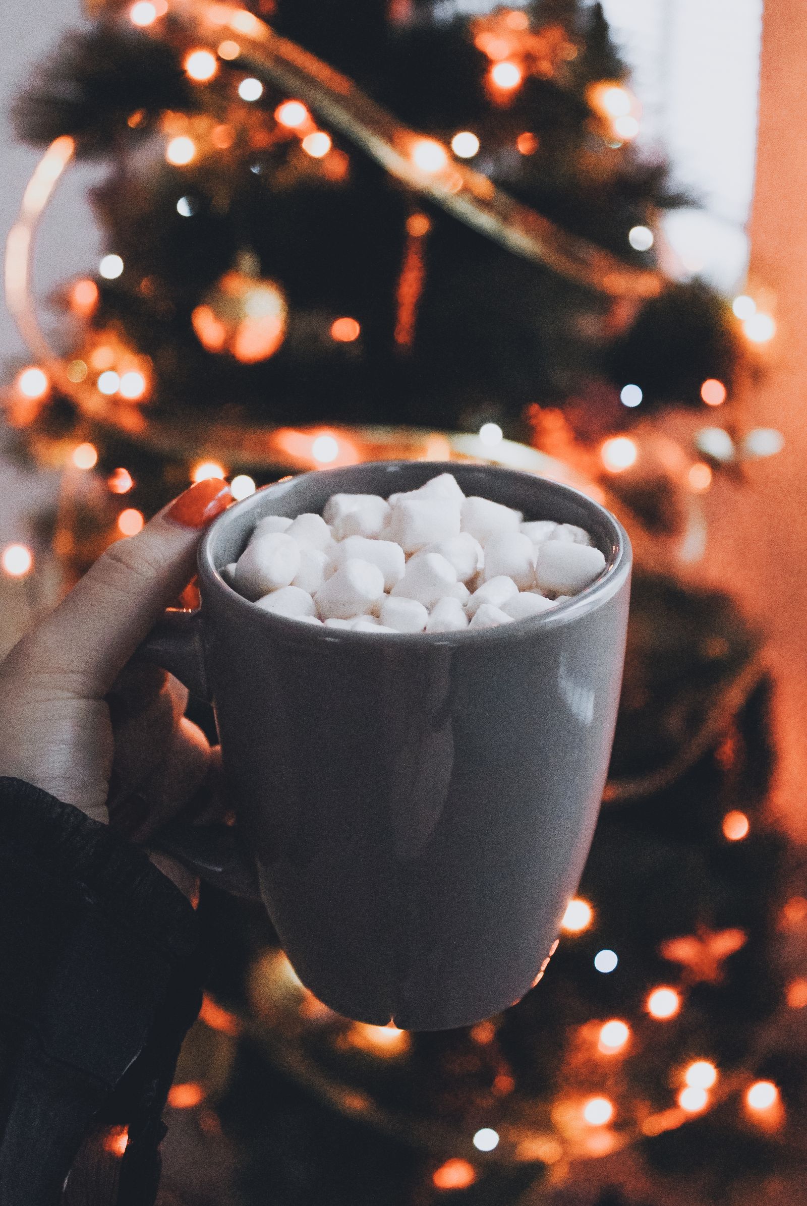 A mug of hot chocolate with marshmallows in front of Christmas lights