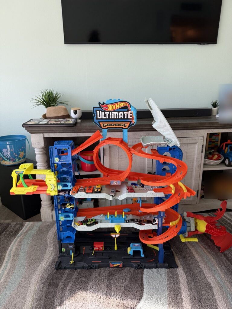 Woot toy sale: Hot Wheels Ultimate Garage set up in our living room