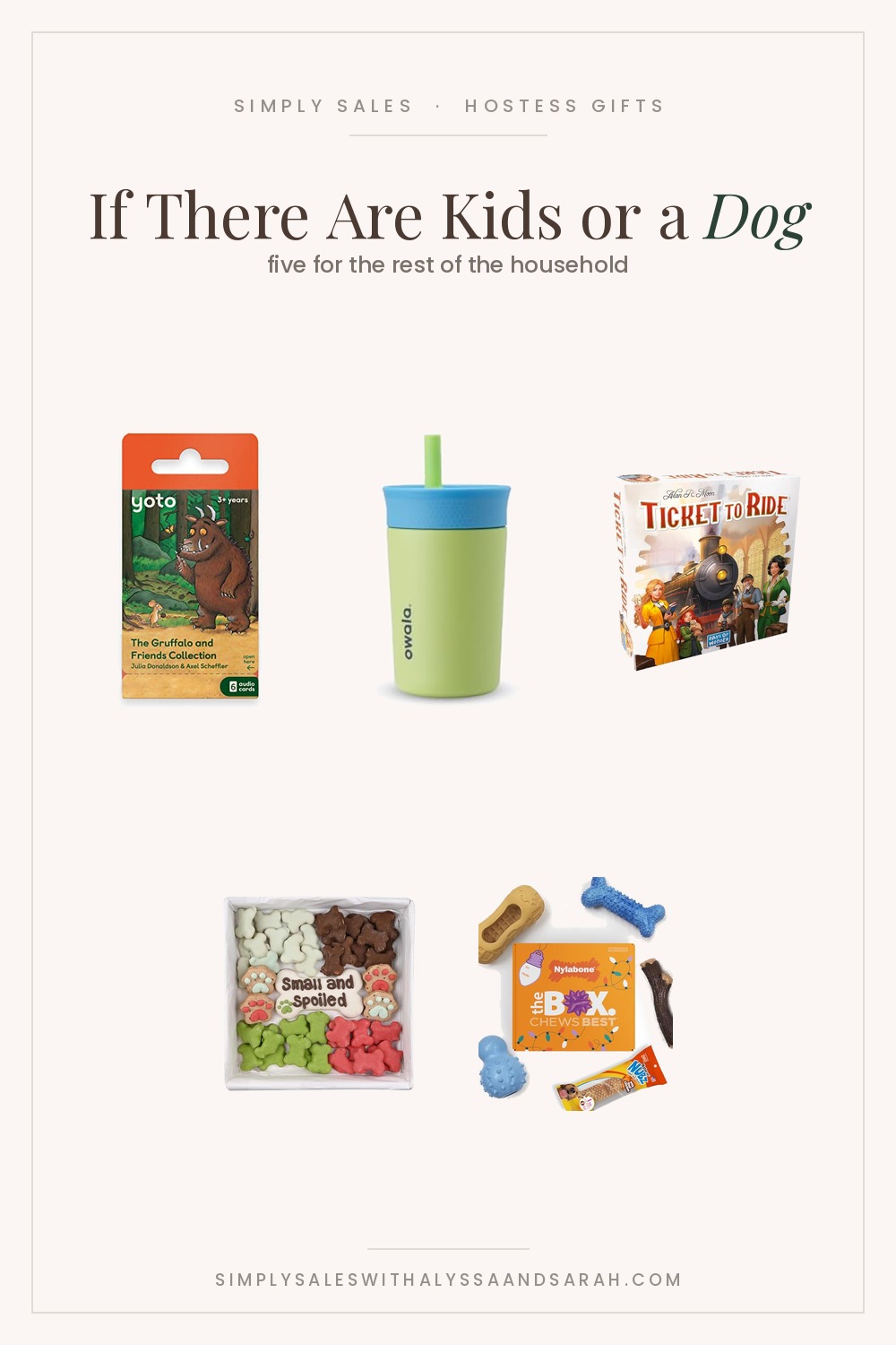 Five gifts for a household with kids or a dog: Yoto Gruffalo cards, an Owala kids tumbler, Ticket to Ride, a Wufers dog treat box and a Nylabone chew toy gift box