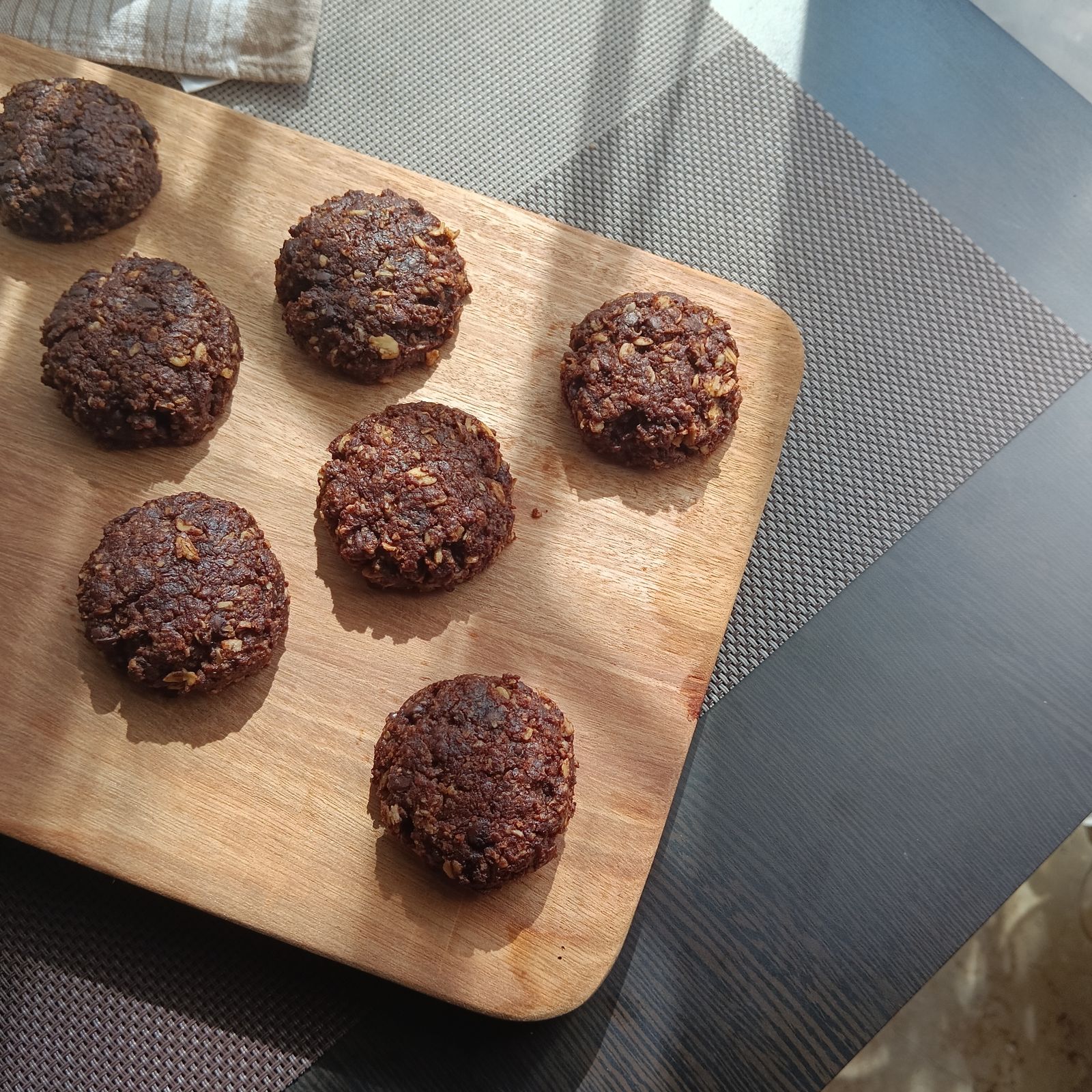 No-bake chocolate oatmeal cookies on a wooden board