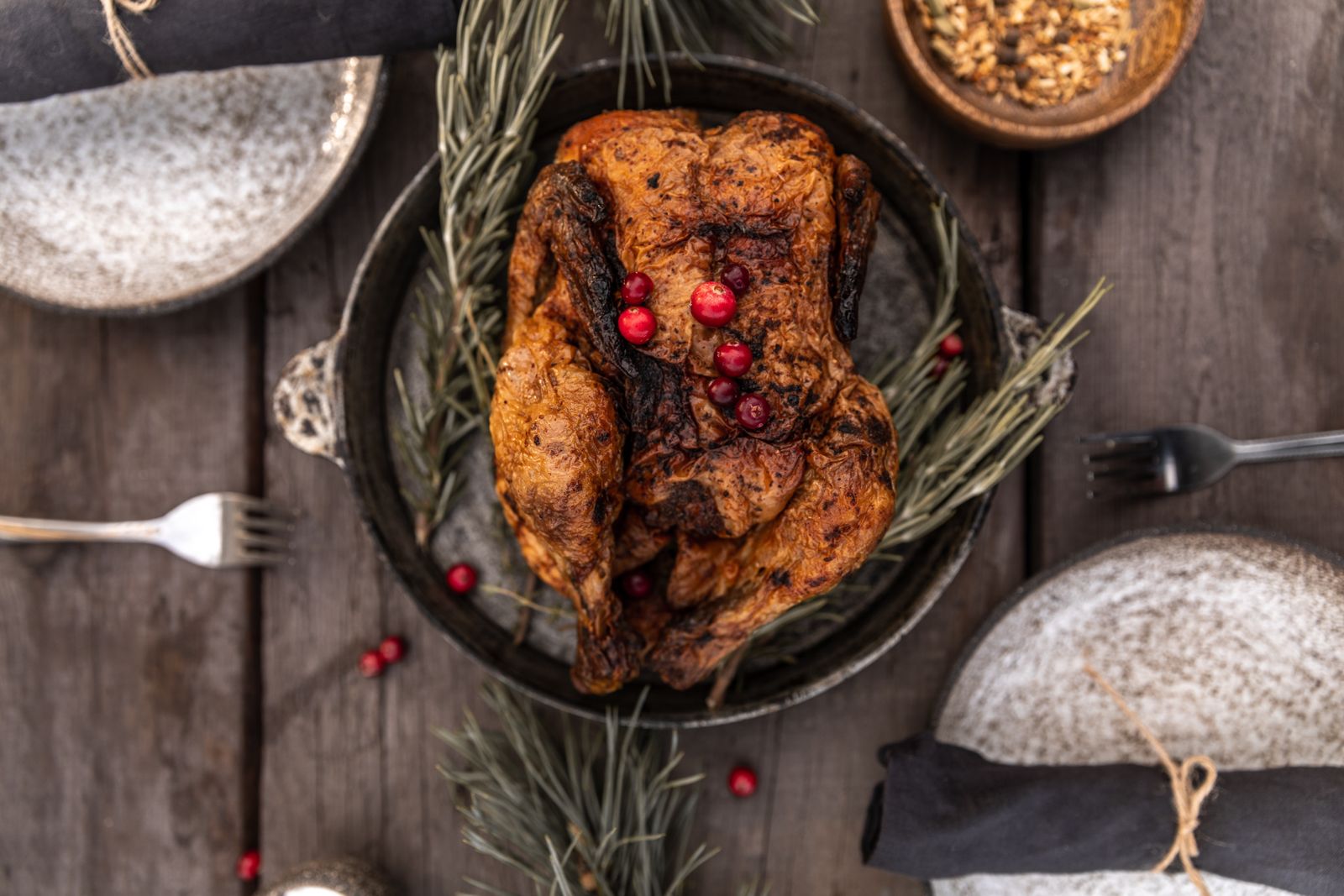 Roast turkey on a platter, overhead
