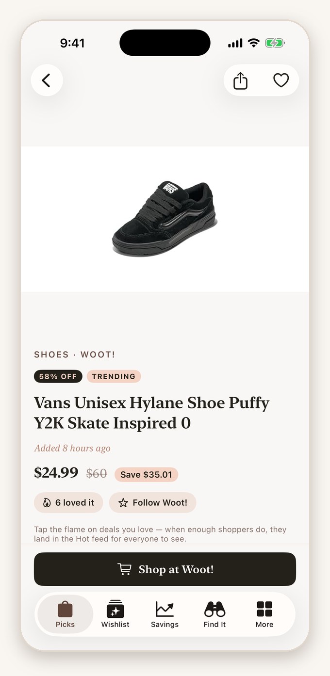 Simply Picks app deal page showing the sale price, the original price and a Shop button