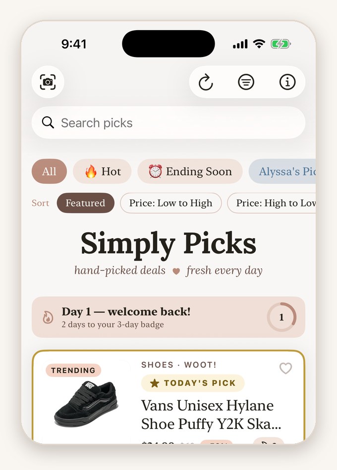 Simply Picks app deal feed showing hand-picked deals and Today's Pick