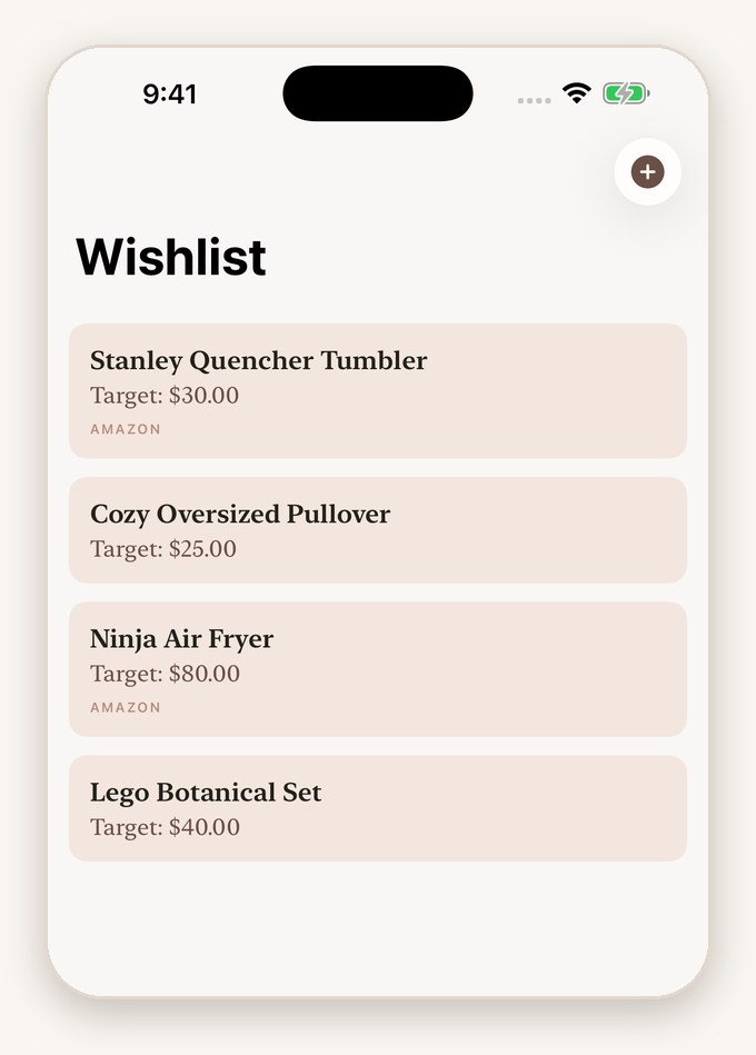 Simply Picks app wishlist screen with a Stanley Quencher, Ninja Air Fryer and LEGO Botanical set saved with target prices