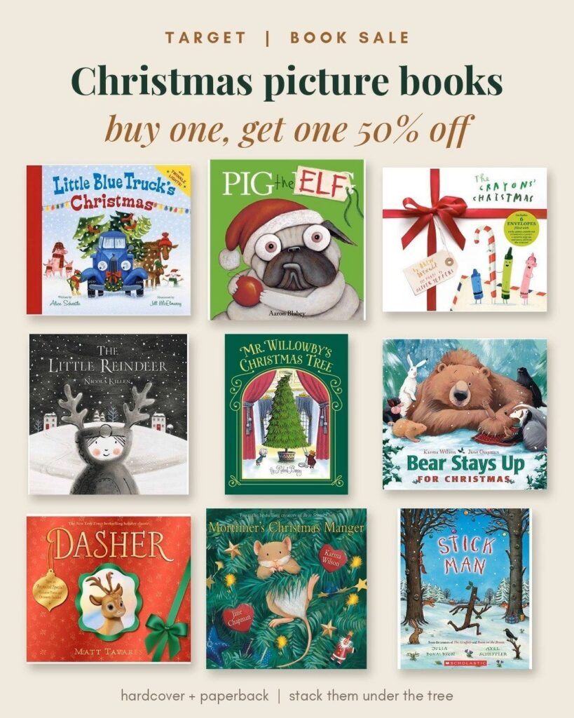 Target Christmas picture books including Little Blue Truck, Pig the Elf and Stick Man