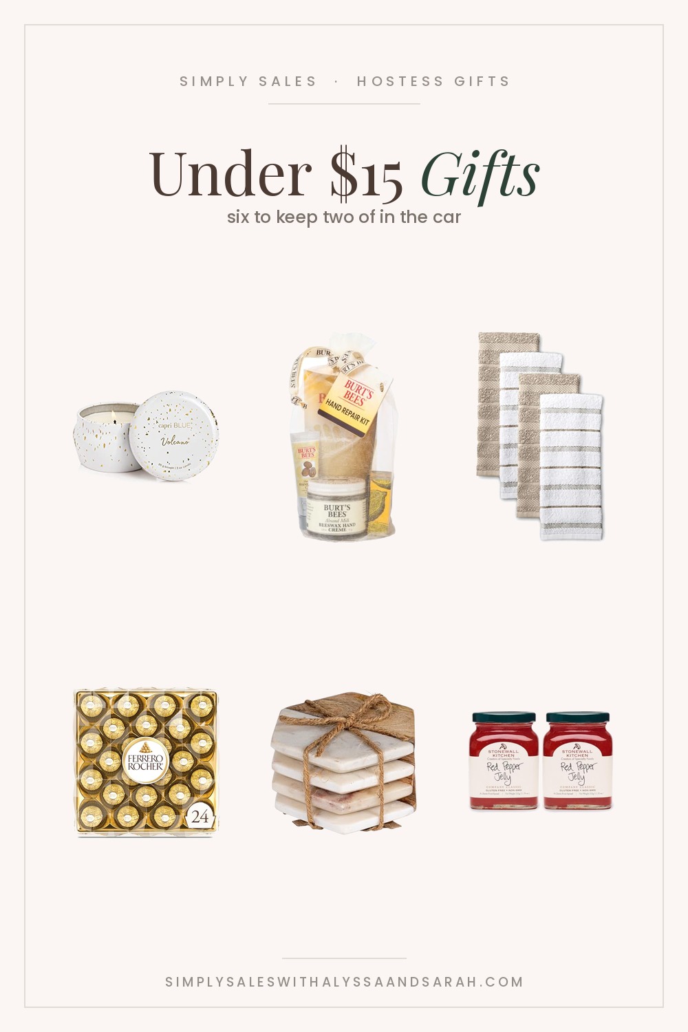 Six hostess gifts under fifteen dollars: a Capri Blue Volcano mini tin candle, Burt’s Bees hand repair set, KitchenAid kitchen towels, Ferrero Rocher, marble and mango wood coasters and Stonewall Kitchen red pepper jelly