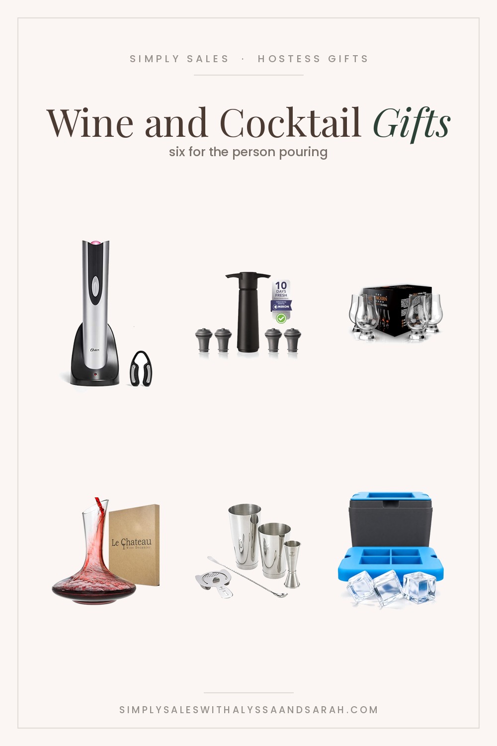 Six wine and cocktail gifts: an Oster cordless wine opener, Vacu Vin wine saver, Glencairn whisky glasses, a crystal decanter, Barfly cocktail set and True Cubes clear ice maker